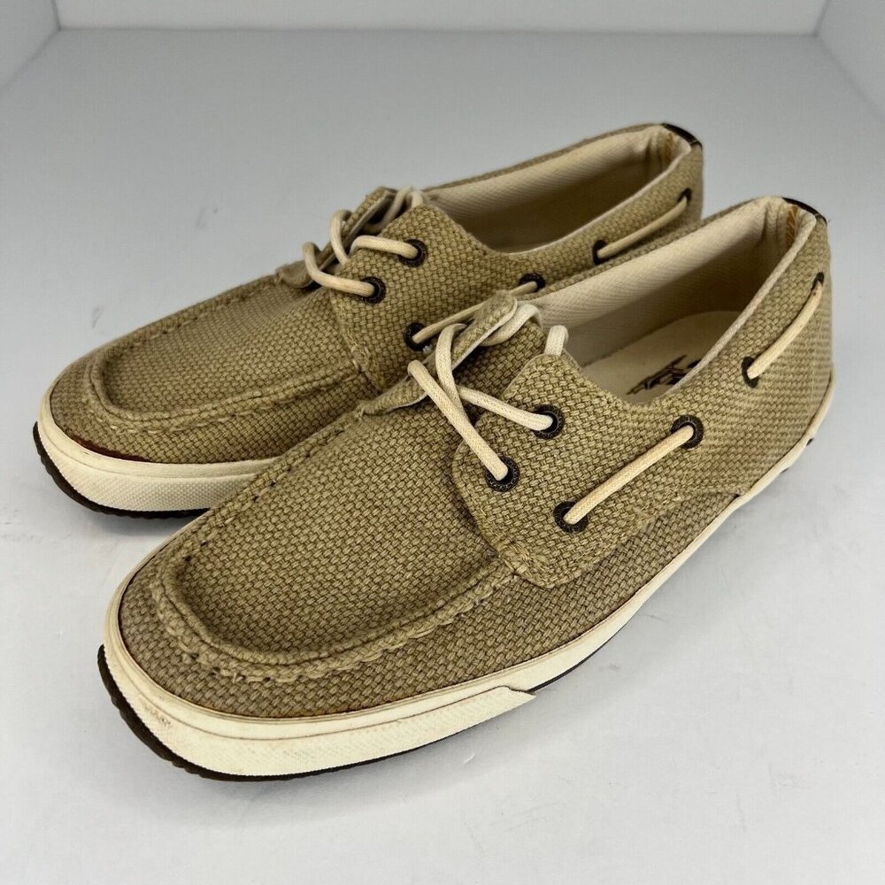 Margaritaville Mens  MG1336A Tan Canvas Slip-On Size 8.5 Barbados Boat Shoes
